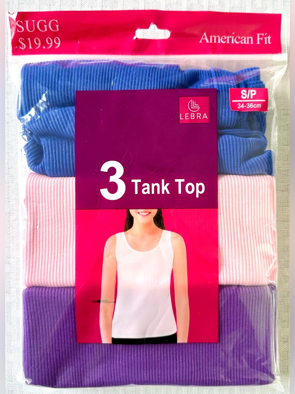 LEBRA Women’s 3-Pack Ribbed Cotton Tank Tops Size Small S 34-36 Blue Pink Purple